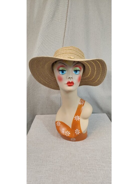 Chico's Accessories - Chicos Paper Polyester Tan w Gold Stri Wide Brim Large Shade Summer Sun Hat USED